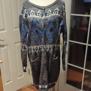 Free People Faire Island Gray and Blue Geometric Cardigan